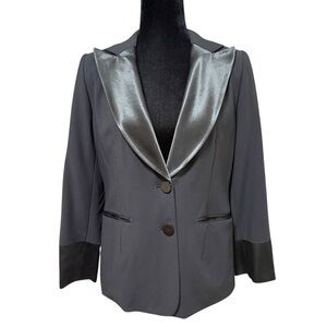 DKNY Petite Wool Blazer Size 12P Black Tuxedo Jacket Satin Trim Career Party